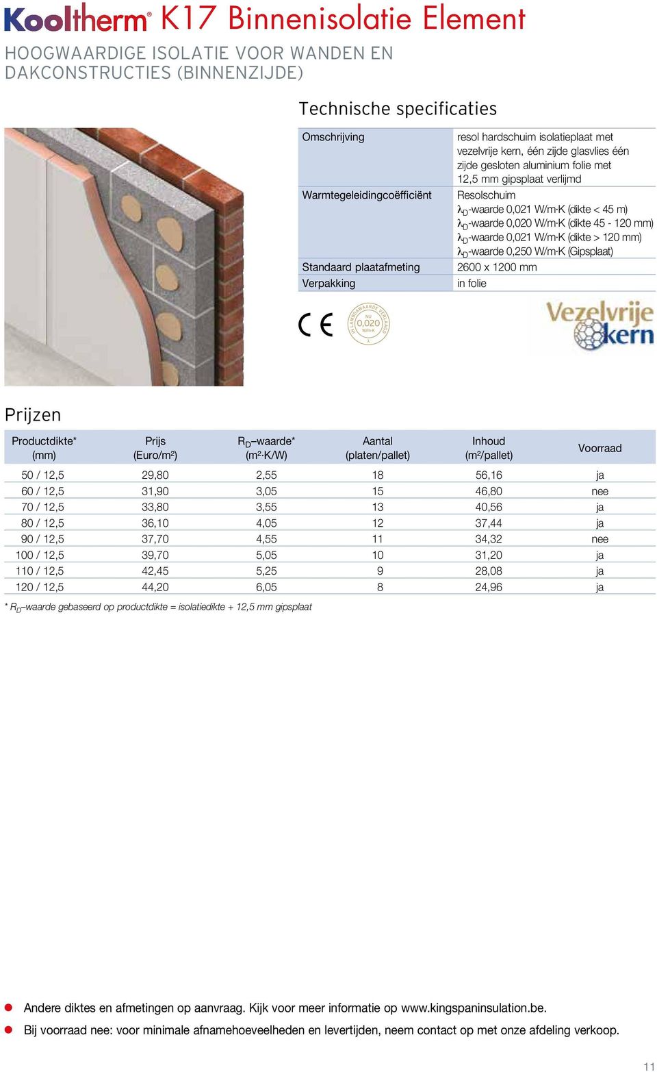 (Gipsplaat) 2600 x 1200 mm Productdikte* Prijs R D waarde* Aantal Inhoud (mm) (Euro/m²) (m² K/W) (platen/pallet) (m²/pallet) 50 / 12,5 29,80 2,55 18 56,16 ja 60 / 12,5 31,90 3,05 15 46,80 nee 70 /