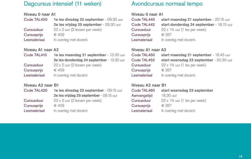 30 uur 2e les donderdag 24 september - 13.30 uur Cursusduur 22 x 2 uur (2 lessen per week) Cursusprijs E 409 Lesmateriaal In overleg met docent.