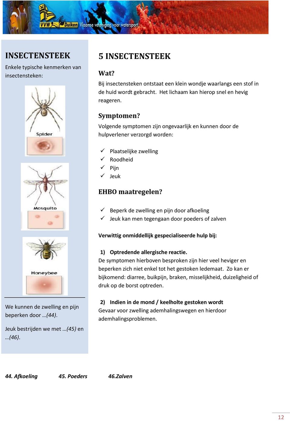 Volgende symptomen zijn ongevaarlijk en kunnen door de hulpverlener verzorgd worden: Plaatselijke zwelling Roodheid Pijn Jeuk Beperk de zwelling en pijn door afkoeling Jeuk kan men tegengaan door