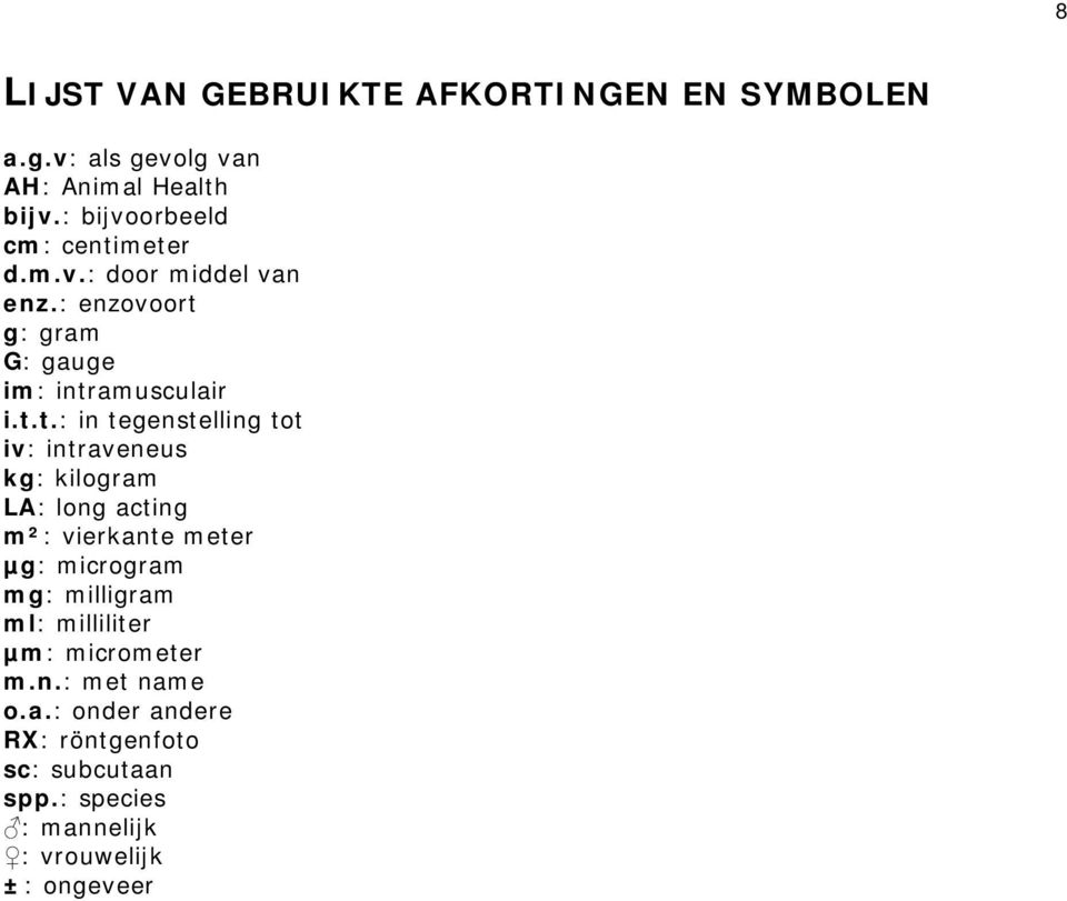 meter d.m.v.: door middel van enz.: enzovoort g: gram G: gauge im: intramusculair i.t.t.: in tegenstelling tot iv: