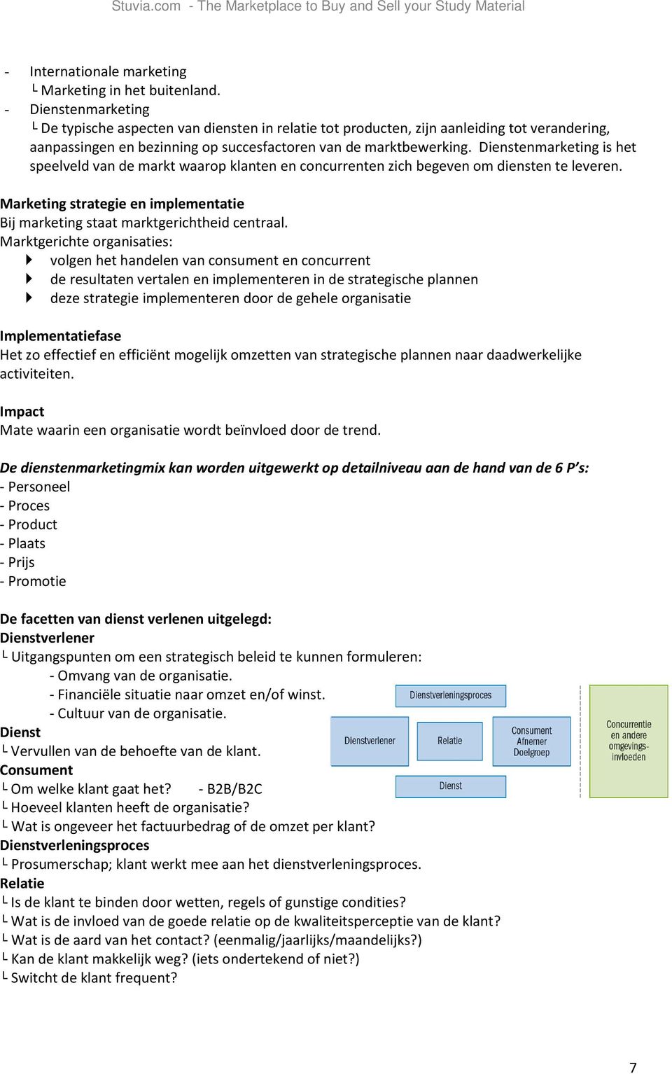 Dienstenmarketing is het speelveld van de markt waarop klanten en concurrenten zich begeven om diensten te leveren. Marketing strategie en implementatie Bij marketing staat marktgerichtheid centraal.