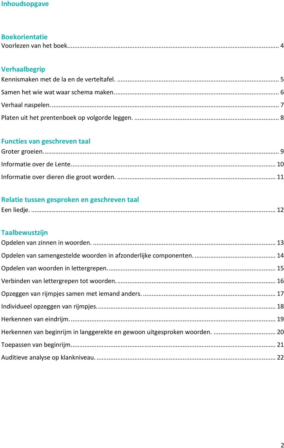 ... 11 Relatie tussen gesproken en geschreven taal Een liedje.... 12 Taalbewustzijn Opdelen van zinnen in woorden.... 13 Opdelen van samengestelde woorden in afzonderlijke componenten.