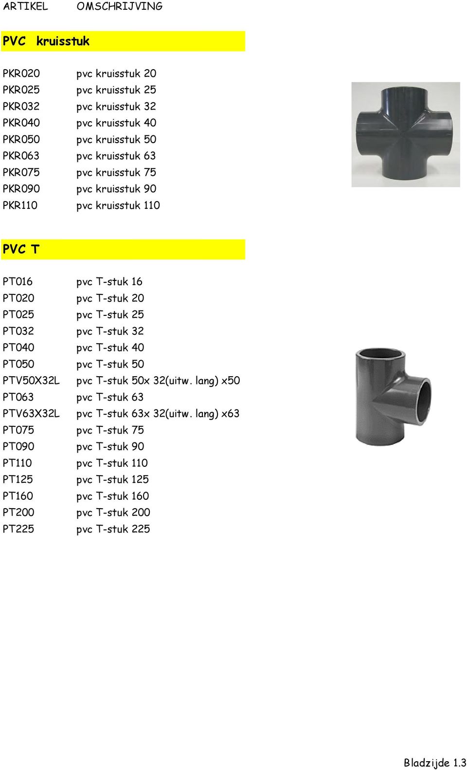 T-stuk 32 PT040 pvc T-stuk 40 PT050 pvc T-stuk 50 PTV50X32L pvc T-stuk 50x 32(uitw. lang) x50 PT063 pvc T-stuk 63 PTV63X32L pvc T-stuk 63x 32(uitw.