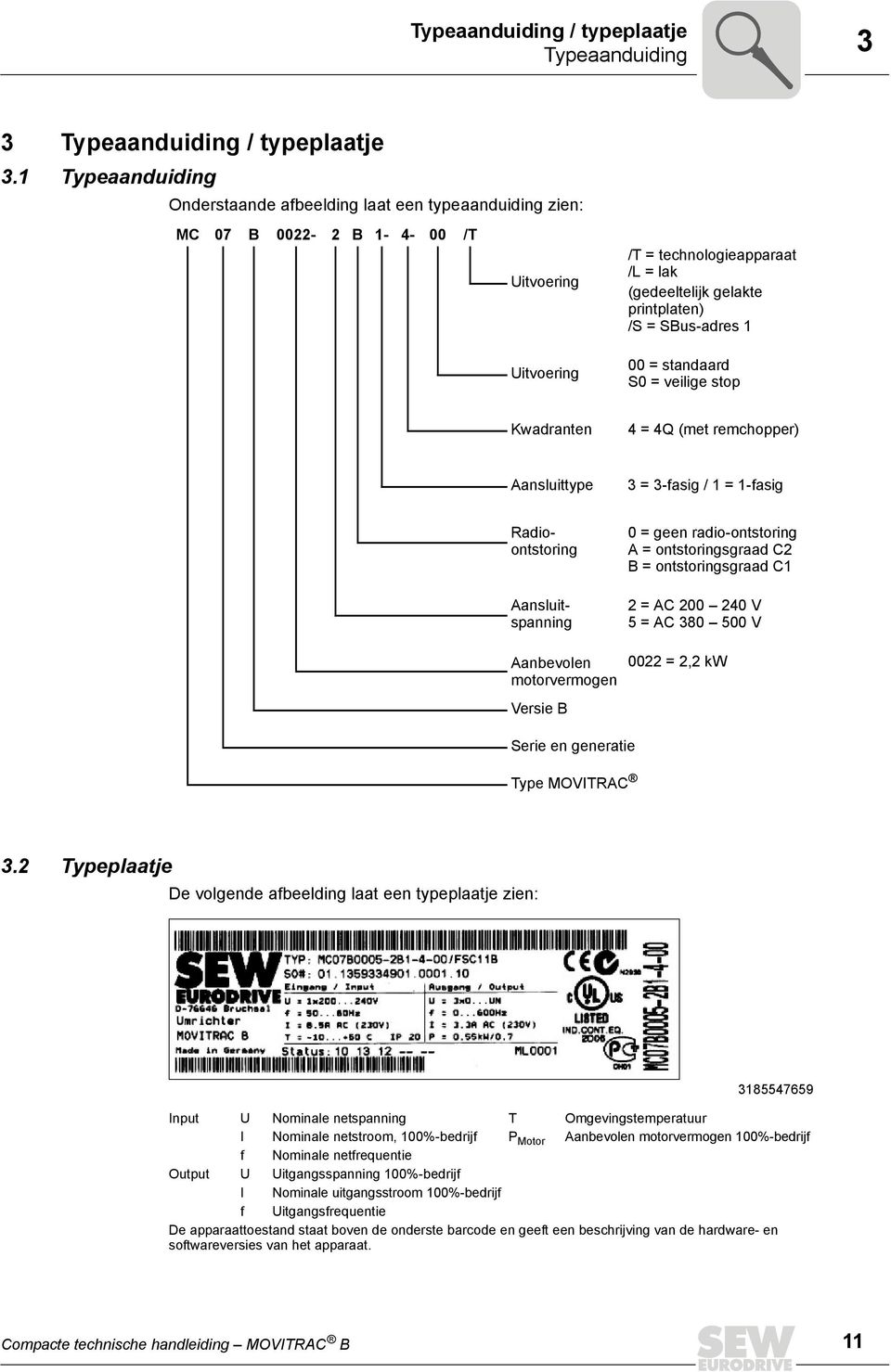 SBus-adres 1 00 = standaard S0 = veilige stop Kwadranten 4 = 4Q (met remchopper) Aansluittype 3 = 3-fasig / 1 = 1-fasig Radioontstoring Aansluitspanning Aanbevolen motorvermogen 0 = geen