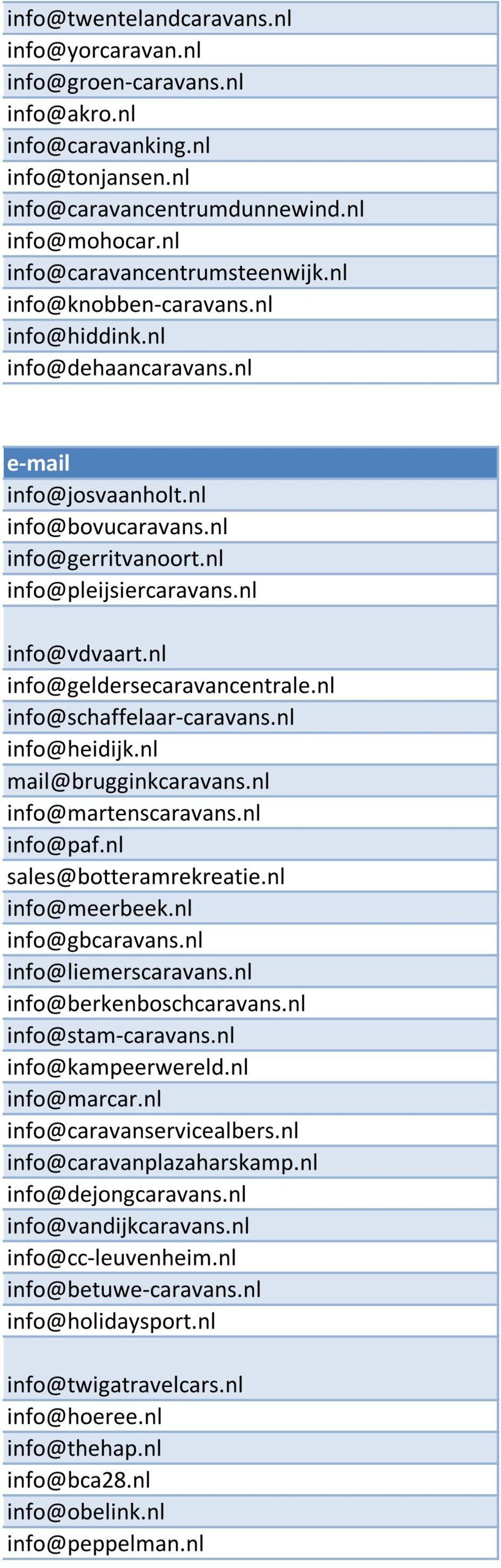 nl info@geldersecaravancentrale.nl info@schaffelaar-caravans.nl info@heidijk.nl mail@brugginkcaravans.nl info@martenscaravans.nl info@paf.nl sales@botteramrekreatie.nl info@meerbeek.