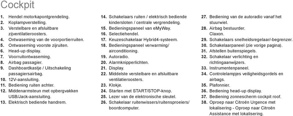 13. Elektrisch bediende handrem. 14. Schakelaars ruiten / elektrisch bediende kindersloten / centrale vergrendeling. 15. Bedieningspaneel van emyway. 16. Selectiehendel. 17.