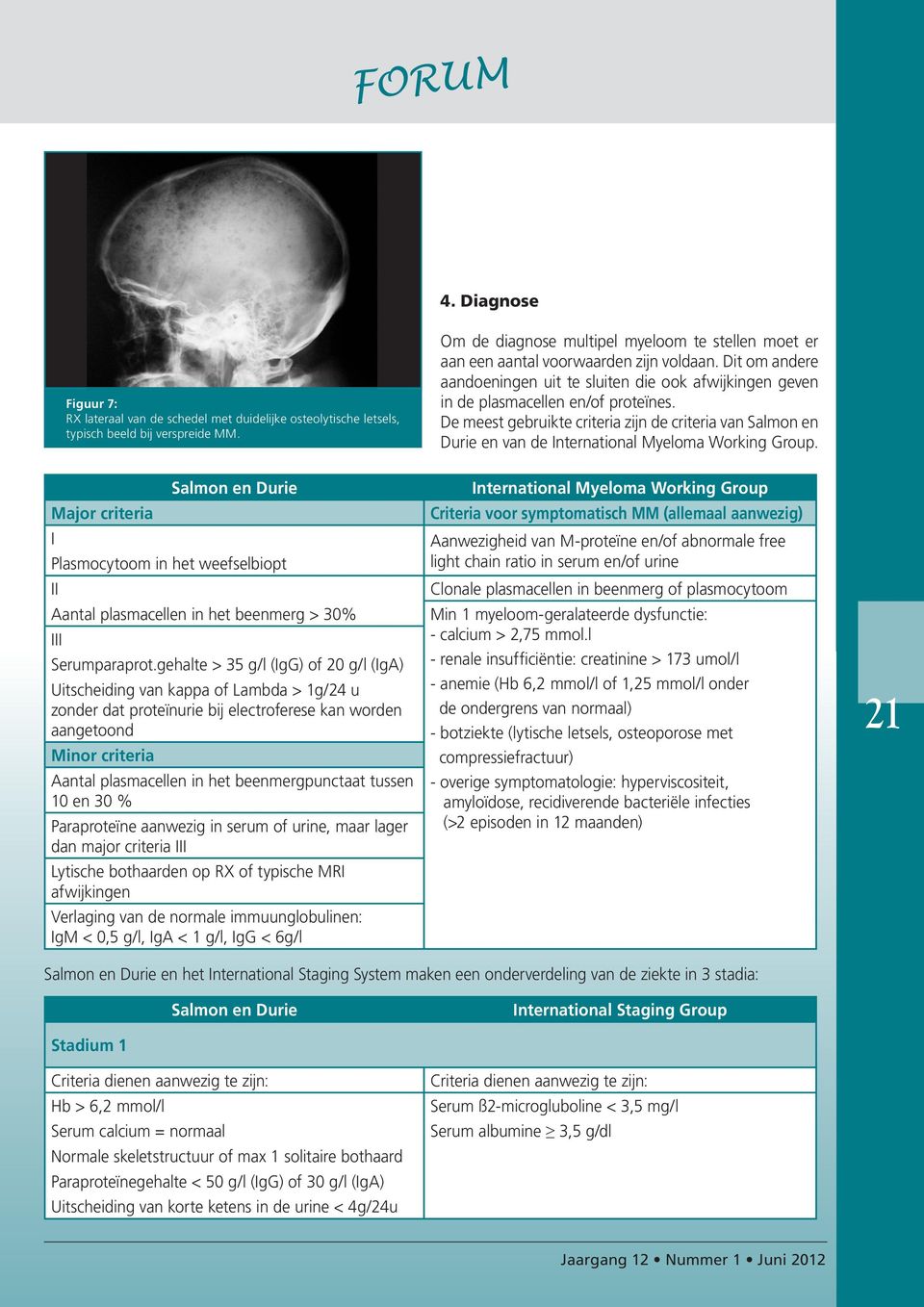 De meest gebruikte criteria zijn de criteria van Salmon en Durie en van de International Myeloma Working Group.