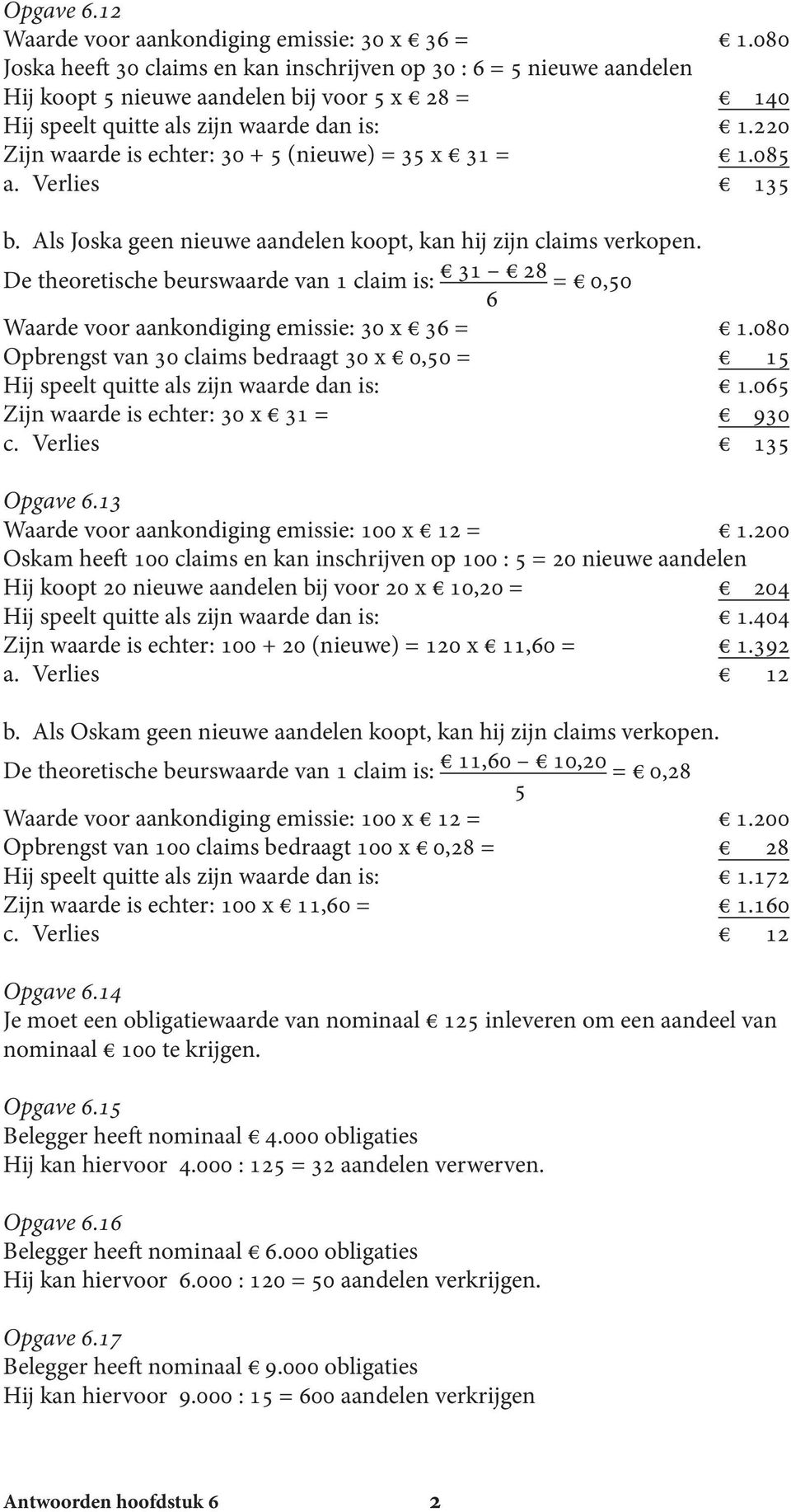 220 Zijn waarde is echter: 30 + 5 (nieuwe) = 35 x 31 = 1.085 a. Verlies 135 b. Als Joska geen nieuwe aandelen koopt, kan hij zijn claims verkopen.