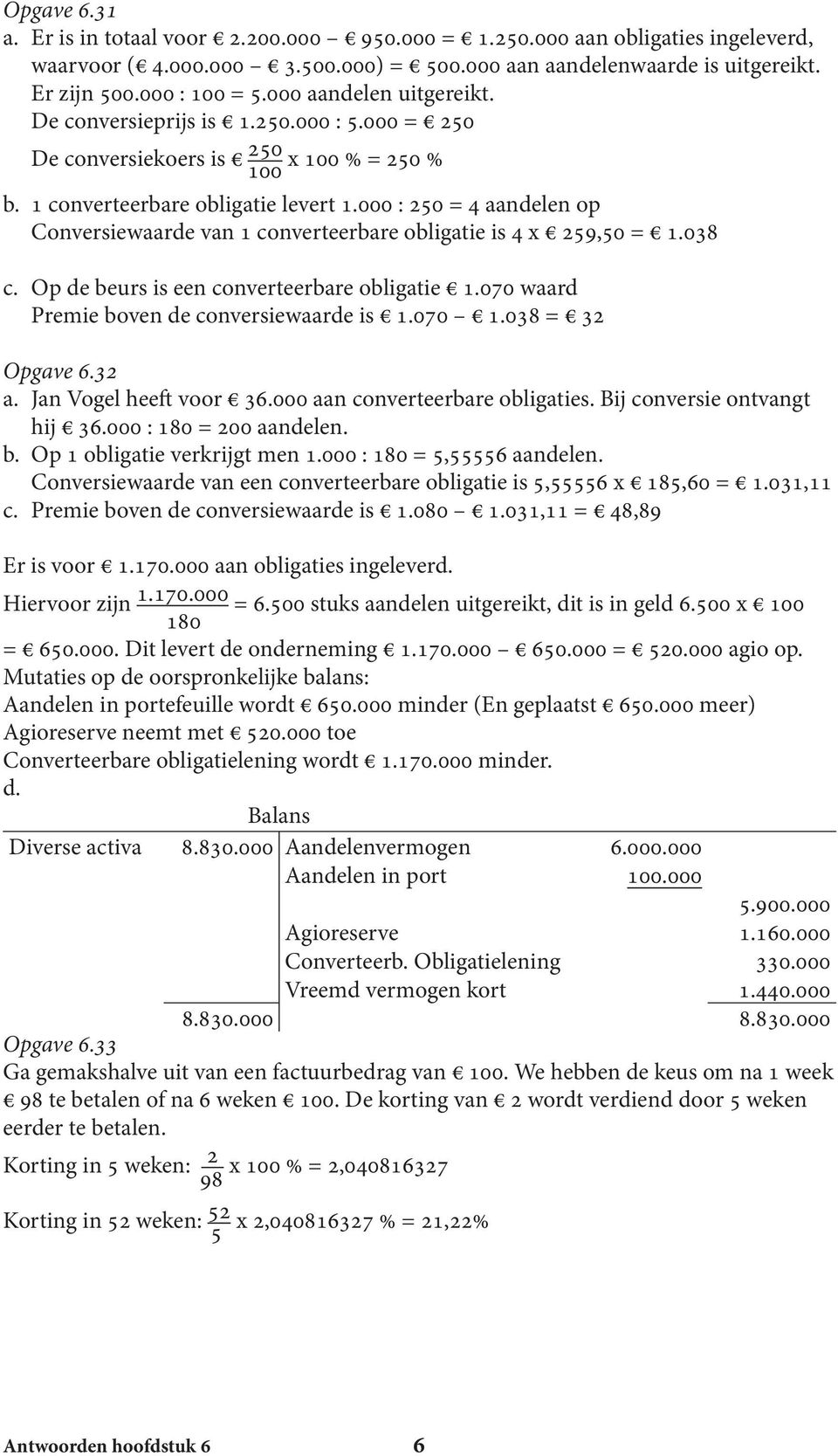 000 : 250 = 4 aandelen op Conversiewaarde van 1 converteerbare obligatie is 4 x 259,50 = 1.038 c. Op de beurs is een converteerbare obligatie 1.070 waard Premie boven de conversiewaarde is 1.070 1.