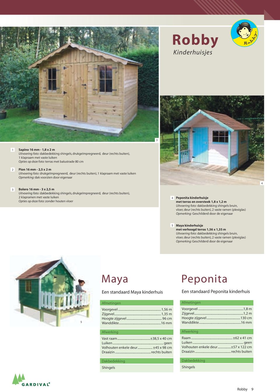 dakbedekking shingels, drukgeïmpregneerd, deur (rechts buiten), klapramen met vaste luiken Opties op deze foto: zonder houten vloer 4 Peponita kinderhuisje met terras en oversteek 1,8 x 1, m