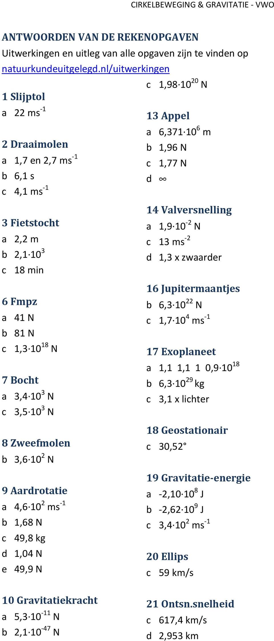 41 N b 81 N c 1,3 10 18 N 7 Bocht a 3,4 10 3 N c 3,5 10 3 N 8 Zweefmolen b 3,6 10 2 N 9 Aardrotatie a 4,6 10 2 ms -1 b 1,68 N c 49,8 kg d 1,04 N e 49,9 N 14 Valversnelling a 1,9 10-2 N c 13 ms -2 d