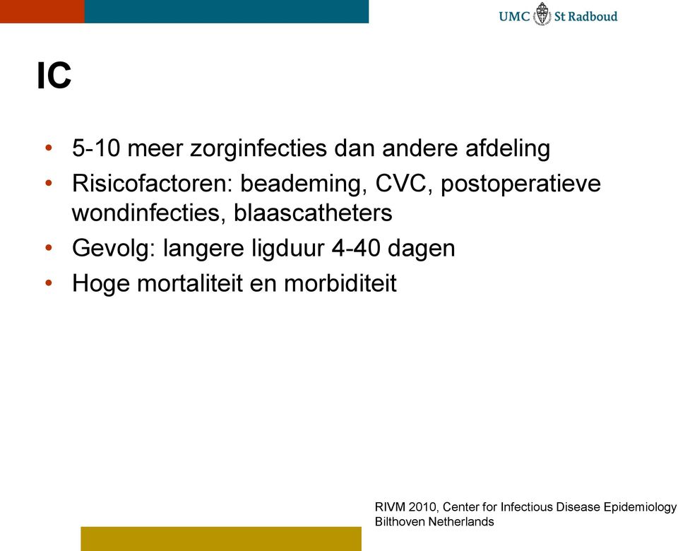 Gevolg: langere ligduur 4-40 dagen Hoge mortaliteit en morbiditeit