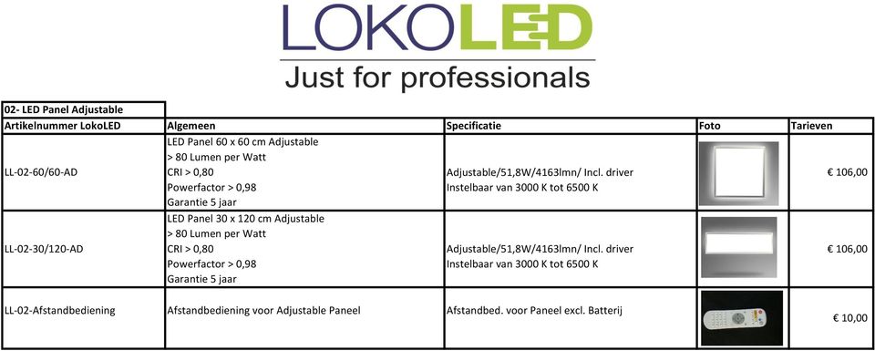 driver 106,00 Powerfactor > 0,98 Instelbaar van 3000 K tot 6500 K Garantie 5 jaar LED Panel 30 x 120 cm Adjustable > 80 Lumen per Watt