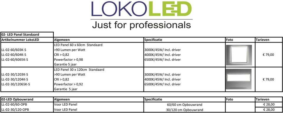 driver Garantie 5 jaar LED Panel 30 x 120cm Standaard LL-02-30/1203K-S >90 Lumen per Watt 3000K/45W/ Incl. driver LL-02-30/1204K-S CRI > 0,82 4000K/45W/ Incl.