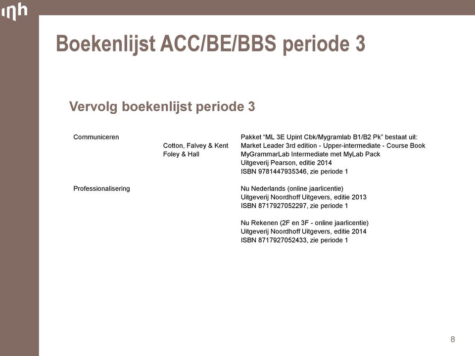 Intermediate met MyLab Pack Uitgeverij Pearson, editie 2014 ISBN 9781447935346, zie periode 1 Nu Nederlands (online jaarlicentie)
