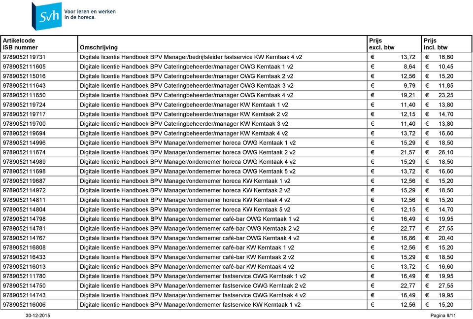 v2 9,79 11,85 9789052111650 Digitale licentie Handboek BPV Cateringbeheerder/manager OWG Kerntaak 4 v2 19,21 23,25 9789052119724 Digitale licentie Handboek BPV Cateringbeheerder/manager KW Kerntaak 1