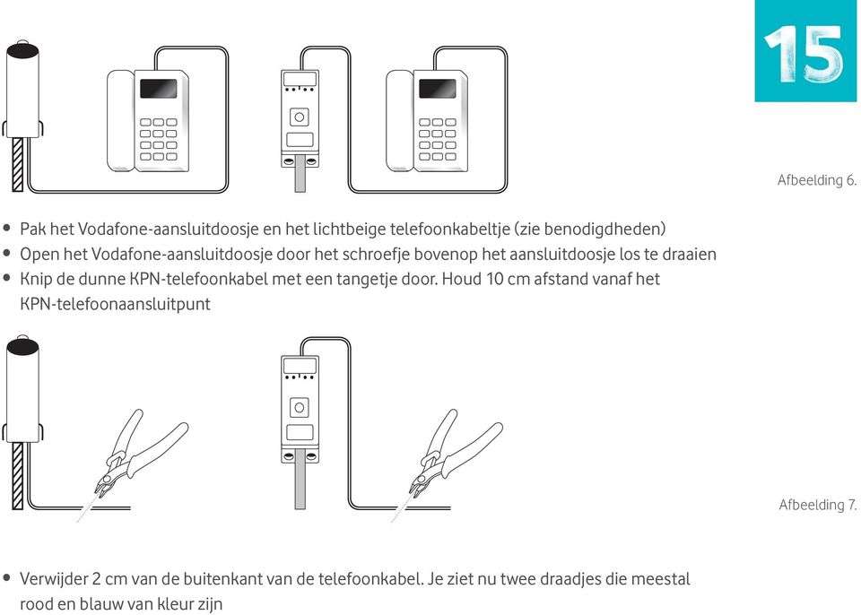 Vodafone-aansluitdoosje door het schroefje bovenop het aansluitdoosje los te draaien Knip de dunne