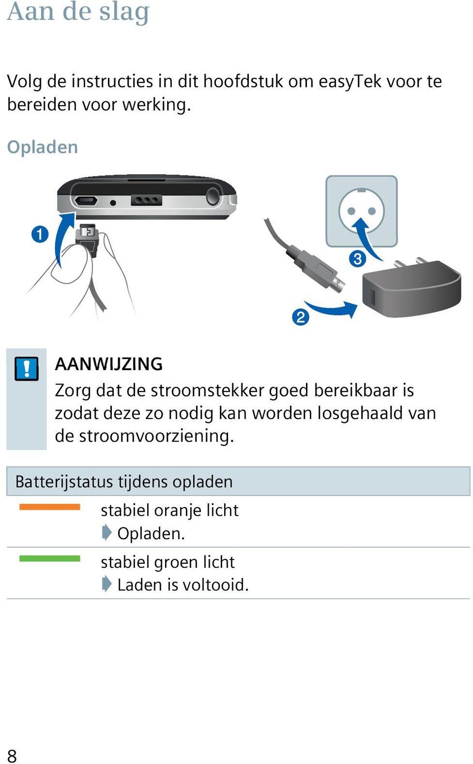 Opladen AANWIJZING Zorg dat de stroomstekker goed bereikbaar is zodat deze zo