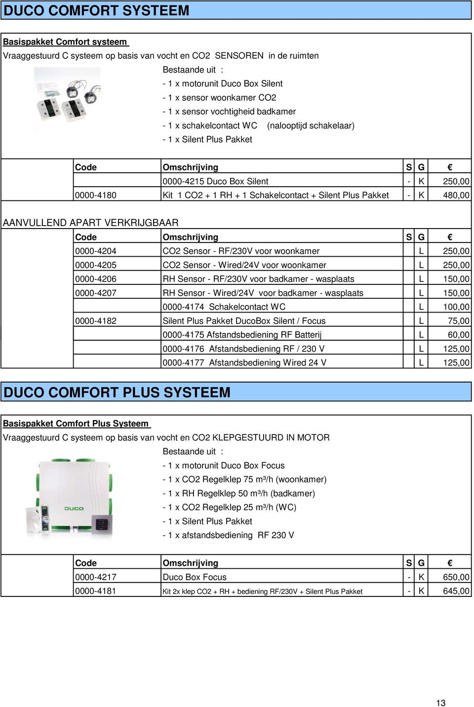 Pakket - K 480,00 AANVULLEND APART VERKRIJGBAAR 0000-4204 CO2 Sensor - RF/230V voor woonkamer L 250,00 0000-4205 CO2 Sensor - Wired/24V voor woonkamer L 250,00 0000-4206 RH Sensor - RF/230V voor