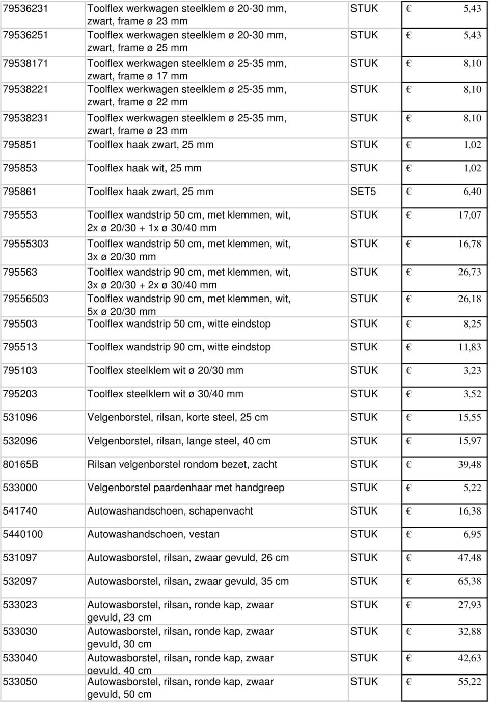 23 mm 795851 Toolflex haak zwart, 25 mm STUK 1,02 795853 Toolflex haak wit, 25 mm STUK 1,02 795861 Toolflex haak zwart, 25 mm SET5 6,40 795553 Toolflex wandstrip 50 cm, met klemmen, wit, STUK 17,07