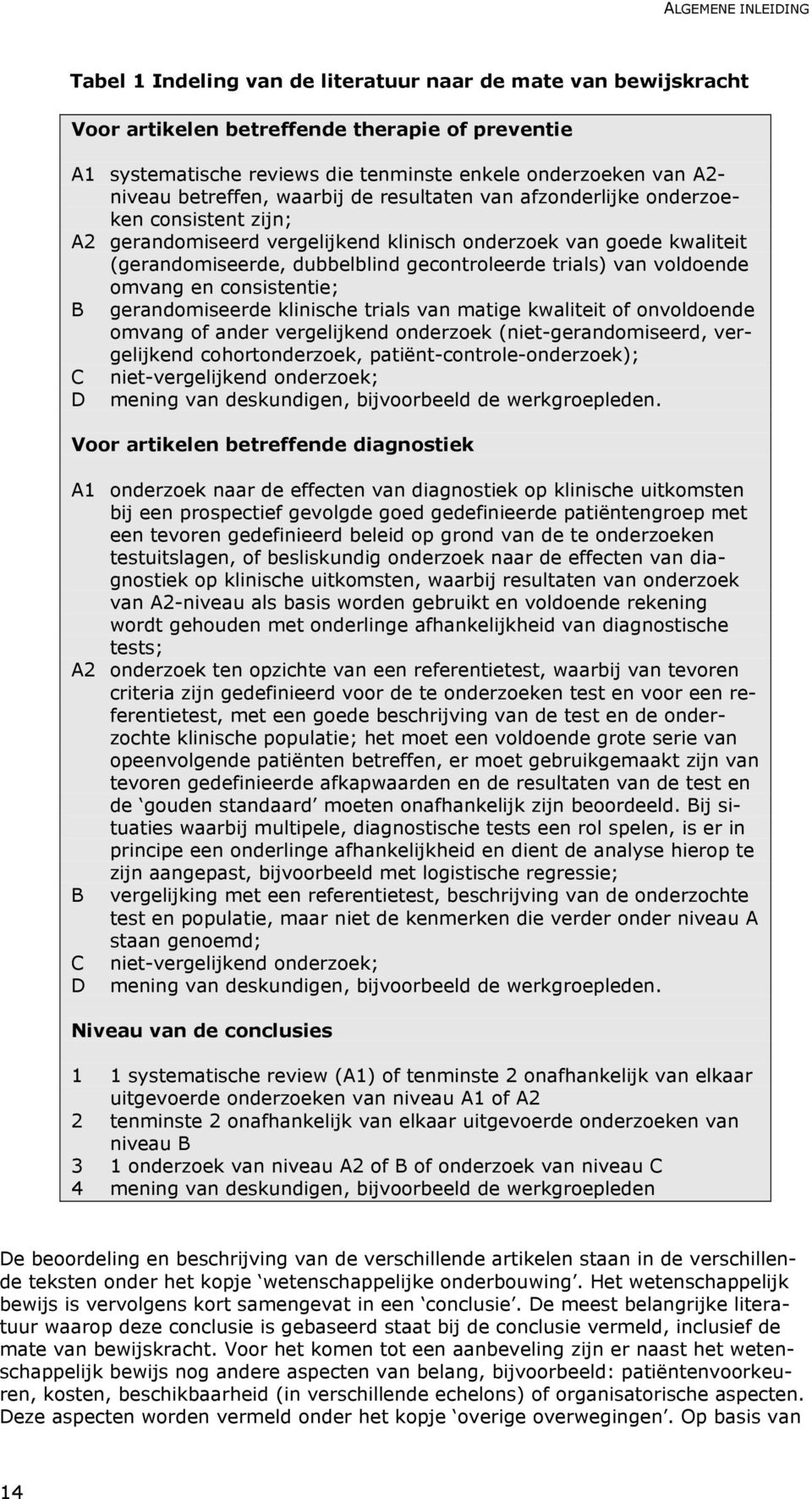 gecontroleerde trials) van voldoende omvang en consistentie; B gerandomiseerde klinische trials van matige kwaliteit of onvoldoende omvang of ander vergelijkend onderzoek (niet-gerandomiseerd,