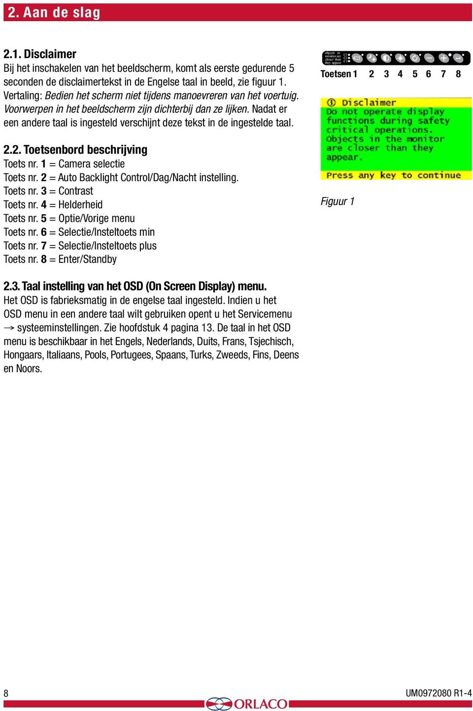 Nadat er een andere taal is ingesteld verschijnt deze tekst in de ingestelde taal. 2.2. Toetsenbord beschrijving Toets nr. 1 = Camera selectie Toets nr.