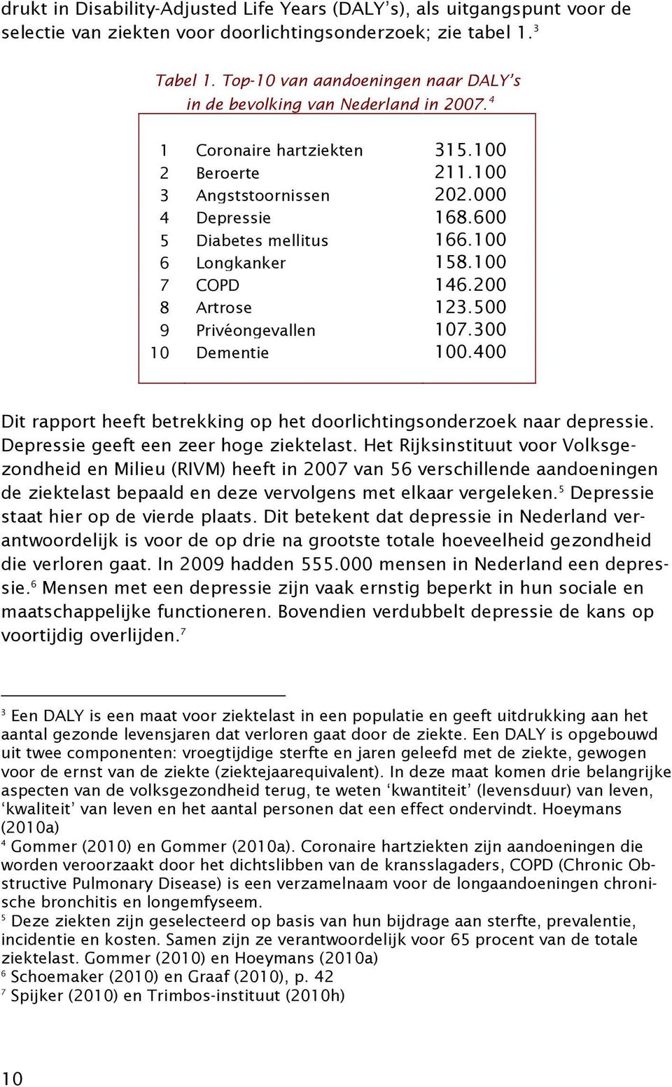 100 6 Longkanker 158.100 7 COPD 146.200 8 Artrose 123.500 9 Privéongevallen 107.300 10 Dementie 100.400 Dit rapport heeft betrekking op het doorlichtingsonderzoek naar depressie.