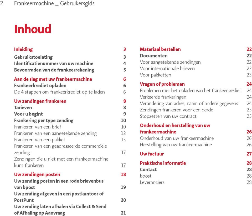 aangetekende zending 12 Frankeren van een pakket 15 Frankeren van een geadresseerde commerciële zending 17 Zendingen die u niet met een frankeermachine kunt frankeren 17 Uw zendingen posten 18 Uw