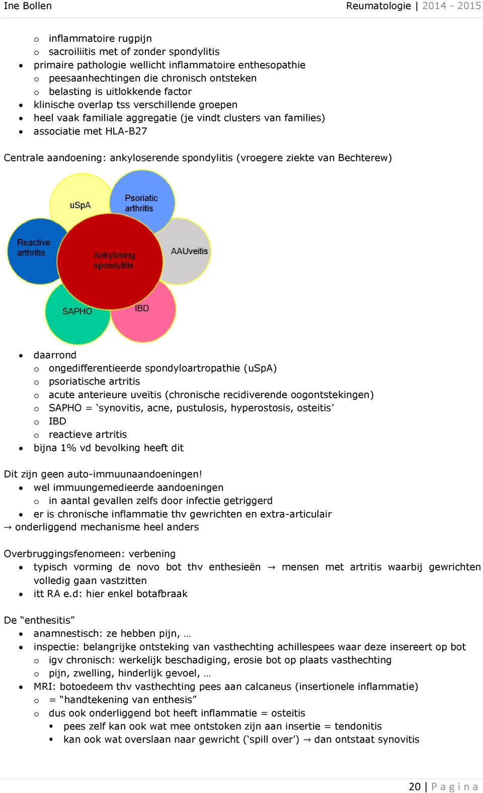 Bechterew) daarrond o ongedifferentieerde spondyloartropathie (uspa) o psoriatische artritis o acute anterieure uveïtis (chronische recidiverende oogontstekingen) o SAPHO = synovitis, acne,