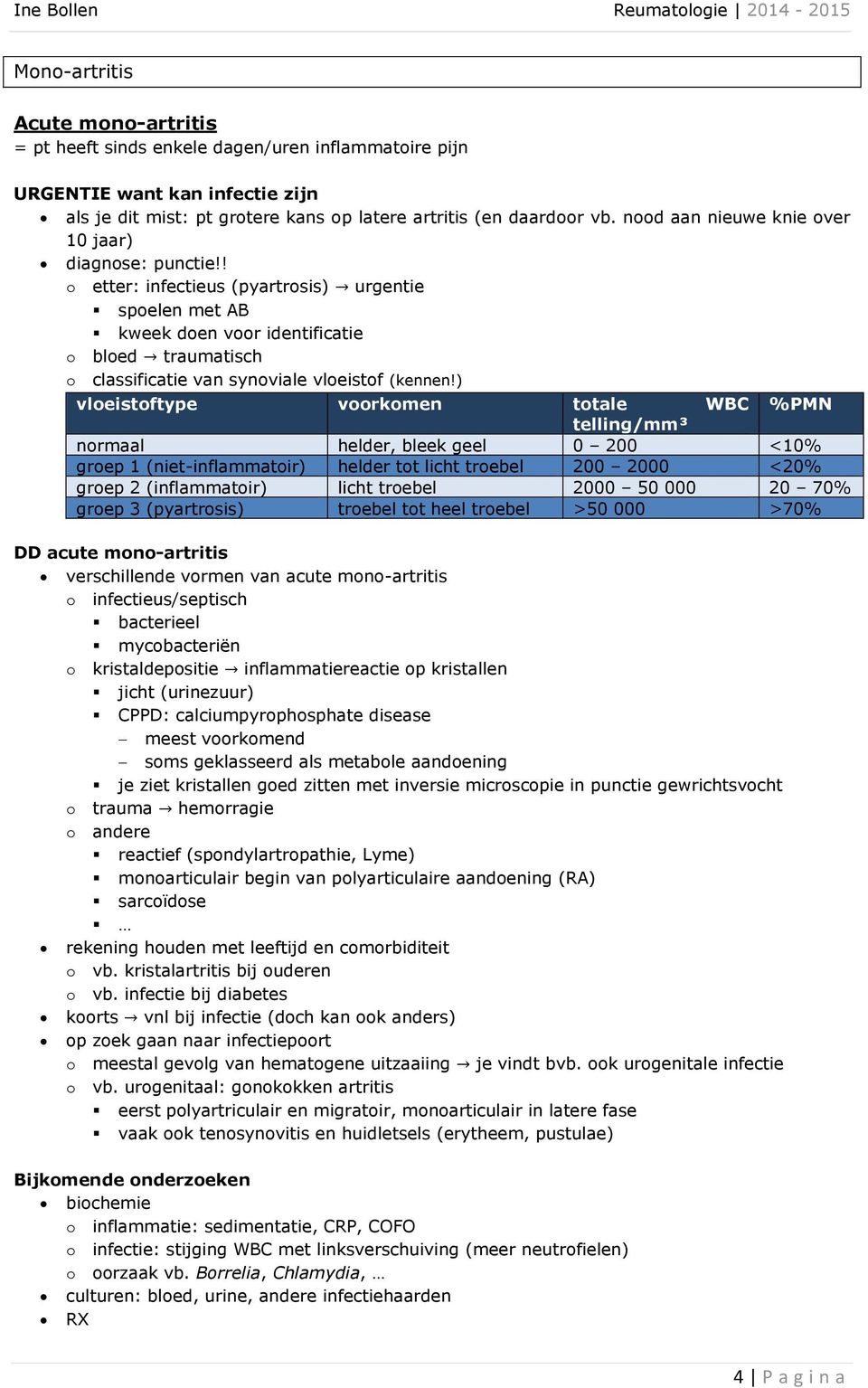 ! o etter: infectieus (pyartrosis) urgentie spoelen met AB kweek doen voor identificatie o bloed traumatisch o classificatie van synoviale vloeistof (kennen!