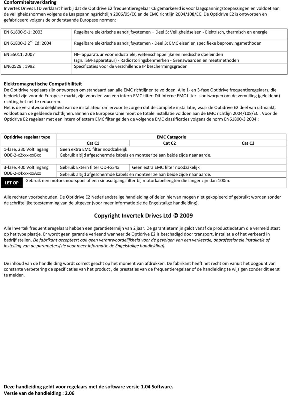 De Optidrive E2 is ontworpen en gefabriceerd volgens de onderstaande Europese normen: EN 61800-5-1: 2003 EN 61800-3 2 nd Ed: 2004 EN 55011: 2007 EN60529 : 1992 Regelbare elektrische aandrijfsystemen