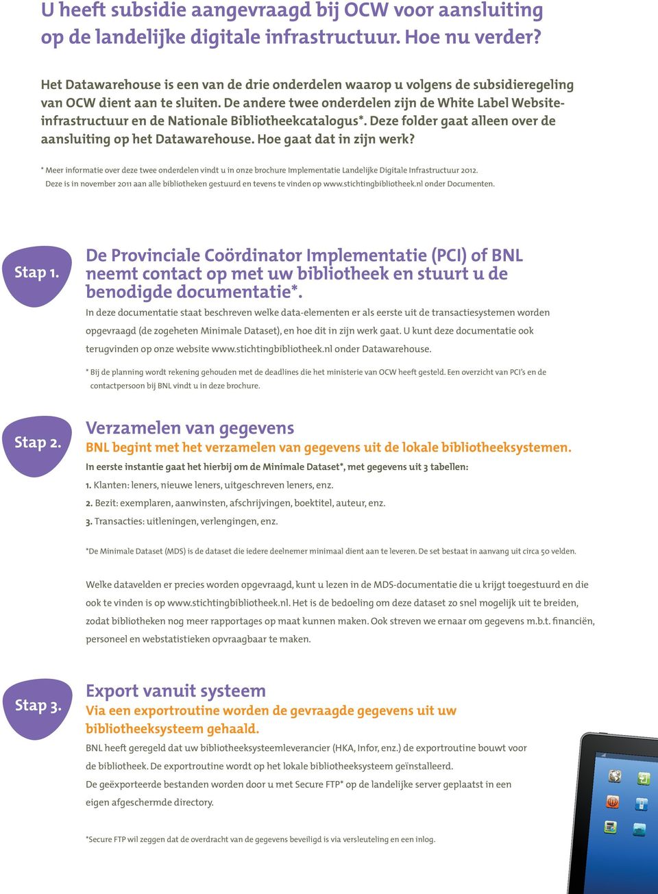 De andere twee onderdelen zijn de White Label Websiteinfrastructuur en de Nationale Bibliotheekcatalogus*. Deze folder gaat alleen over de aansluiting op het Datawarehouse. Hoe gaat dat in zijn werk?