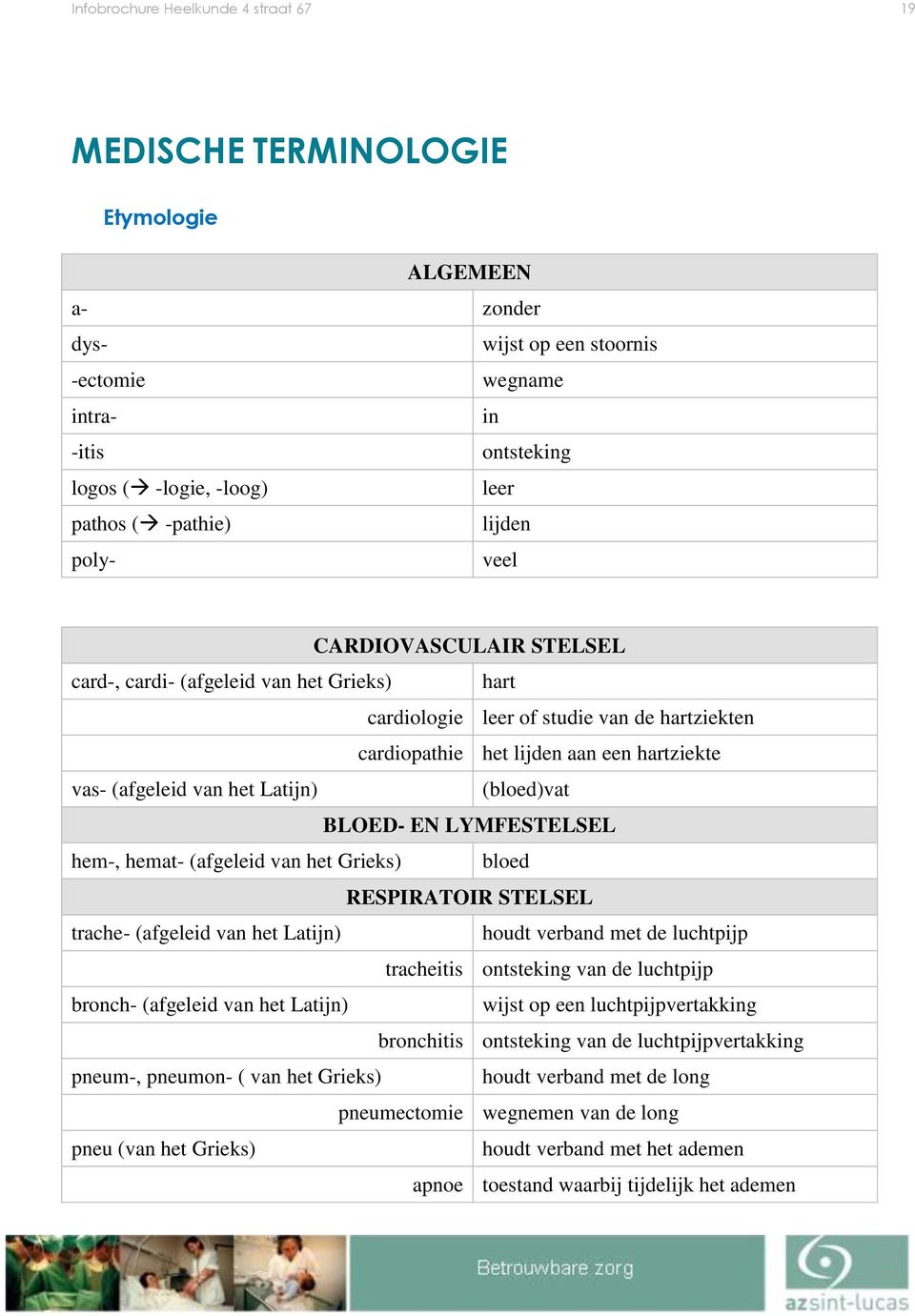 van het Latijn) (bloed)vat BLOED- EN LYMFESTELSEL hem-, hemat- (afgeleid van het Grieks) bloed RESPIRATOIR STELSEL trache- (afgeleid van het Latijn) houdt verband met de luchtpijp tracheitis