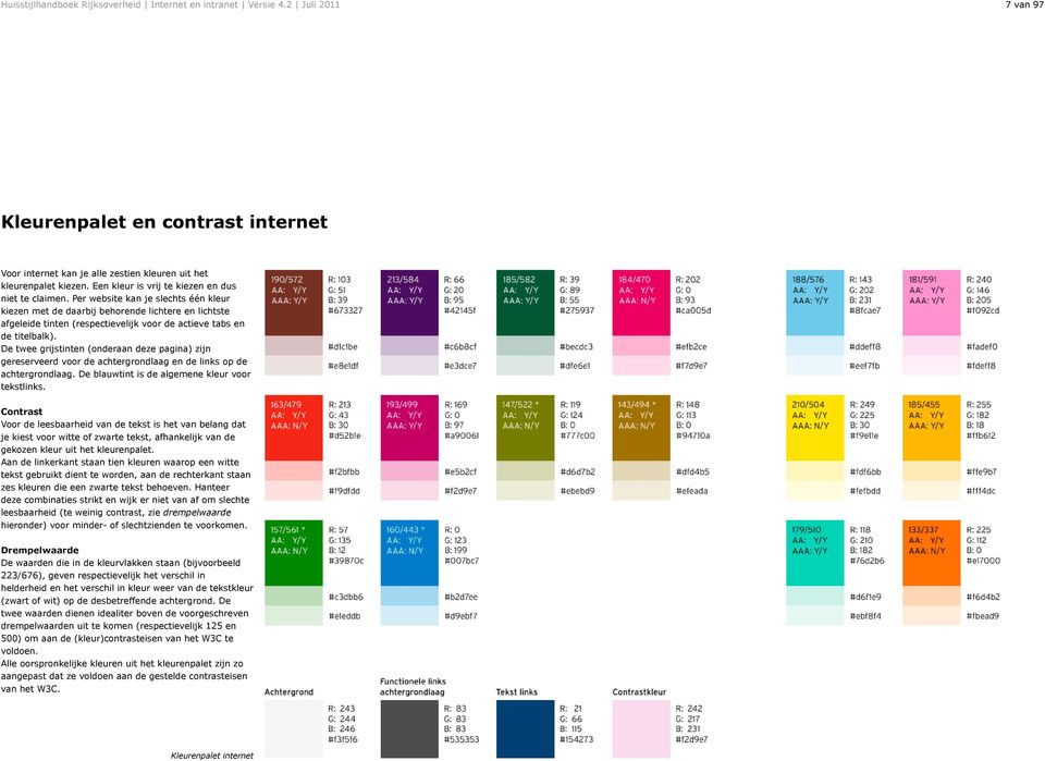 De twee grijstinten (onderaan deze pagina) zijn gereserveerd voor de achtergrondlaag en de links op de achtergrondlaag. De blauwtint is de algemene kleur voor tekstlinks.