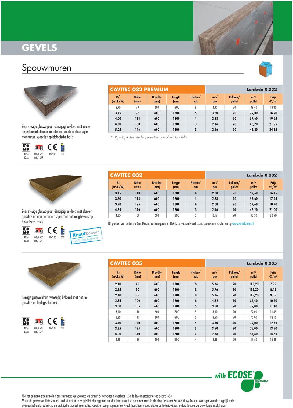 5,05 146 600 1200 3 2,16 20 43,20 24,65 * R m = R d + thermische prestaties van aluminium folie 4094 4268 03/H563 04/1668 074903 001 CAVITEC 032 Lambda 0,032 Zeer stevige glaswolplaat éénzijdig