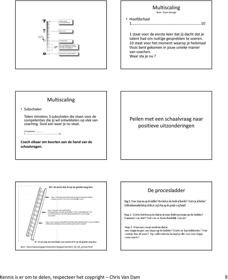 Multiscaling Subschalen Teken minstens 3 subschalen die staan voor de competenties die jij wil ontwikkelen op vlak van coaching. Duid aan waar je nu staat. Competentie :.. 1.