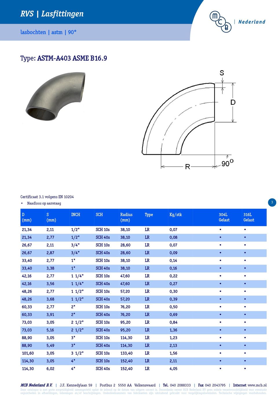 26,67 2,87 3/4" SCH 40s 28,60 LR 0,09 33,40 2,77 1" SCH 10s 38,10 LR 0,14 33,40 3,38 1" SCH 40s 38,10 LR 0,16 42,16 2,77 1 1/4" SCH 10s 47,60 LR 0,22 42,16 3,56 1 1/4" SCH 40s 47,60 LR 0,27 48,26