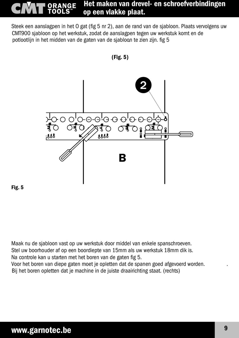 5) Fig. 5 Maak nu de sjabloon vast op uw werkstuk door middel van enkele spanschroeven. Stel uw boorhouder af op een boordiepte van 15mm als uw werkstuk 18mm dik is.