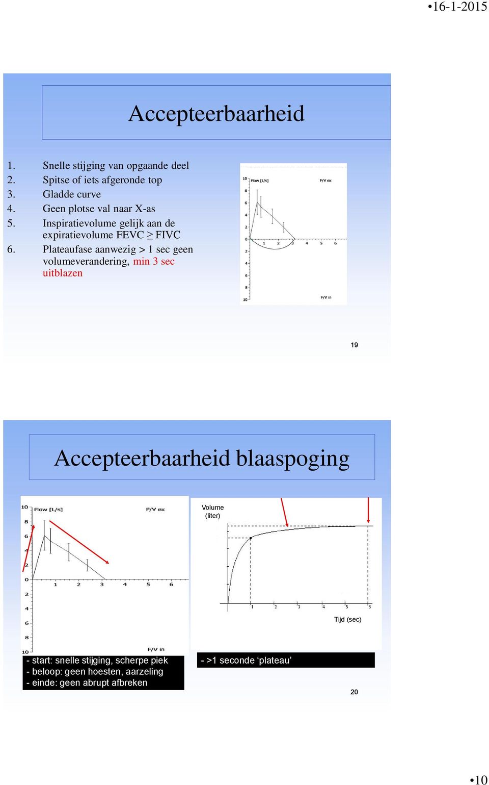 Plateaufase aanwezig > 1 sec geen volumeverandering, min 3 sec uitblazen 19 Accepteerbaarheid blaaspoging Volume