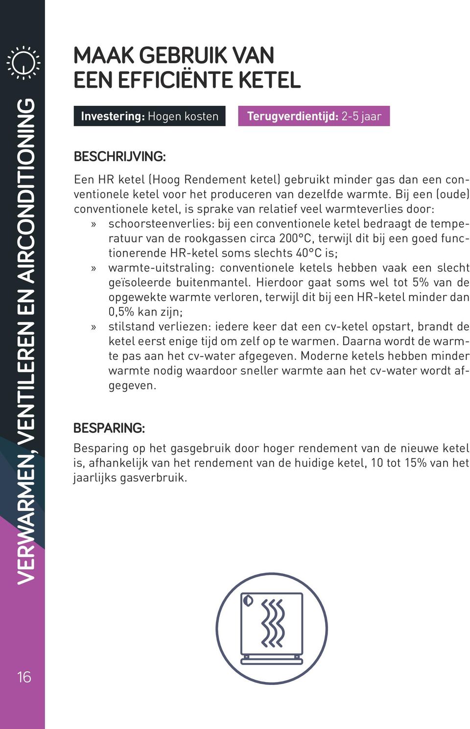 Bij een (oude) conventionele ketel, is sprake van relatief veel warmteverlies door: schoorsteenverlies: bij een conventionele ketel bedraagt de temperatuur van de rookgassen circa 200 C, terwijl dit