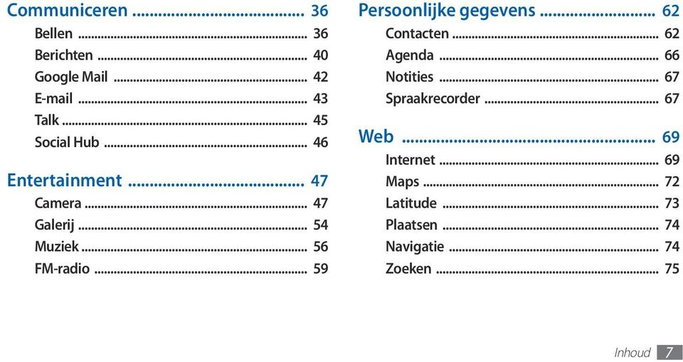 .. 59 Persoonlijke gegevens... 62 Contacten... 62 Agenda... 66 Notities... 67 Spraakrecorder.