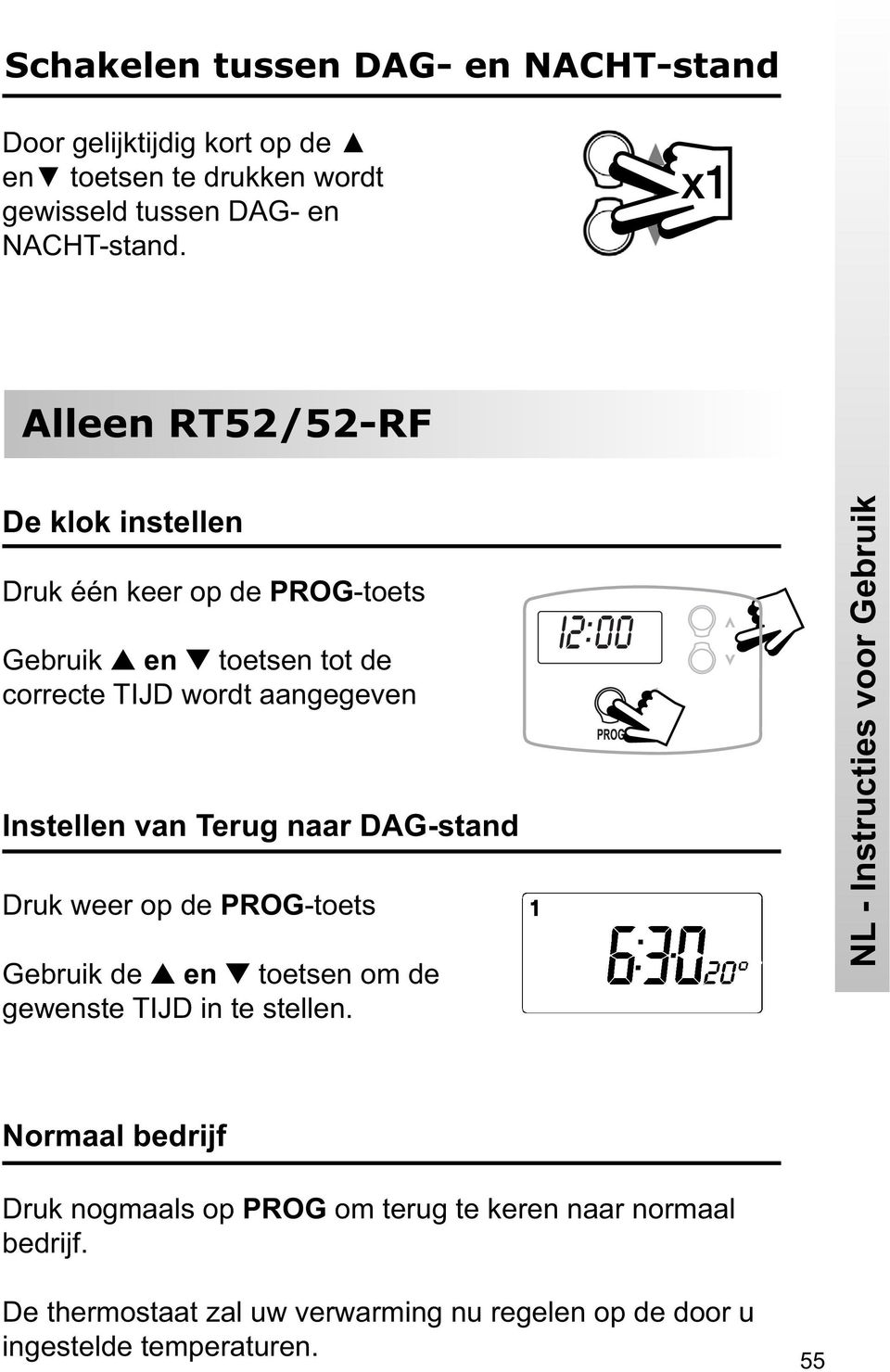 naar DAG-stand Druk weer op de PROG-toets Gebruik de en toetsen om de gewenste TIJD in te stellen.