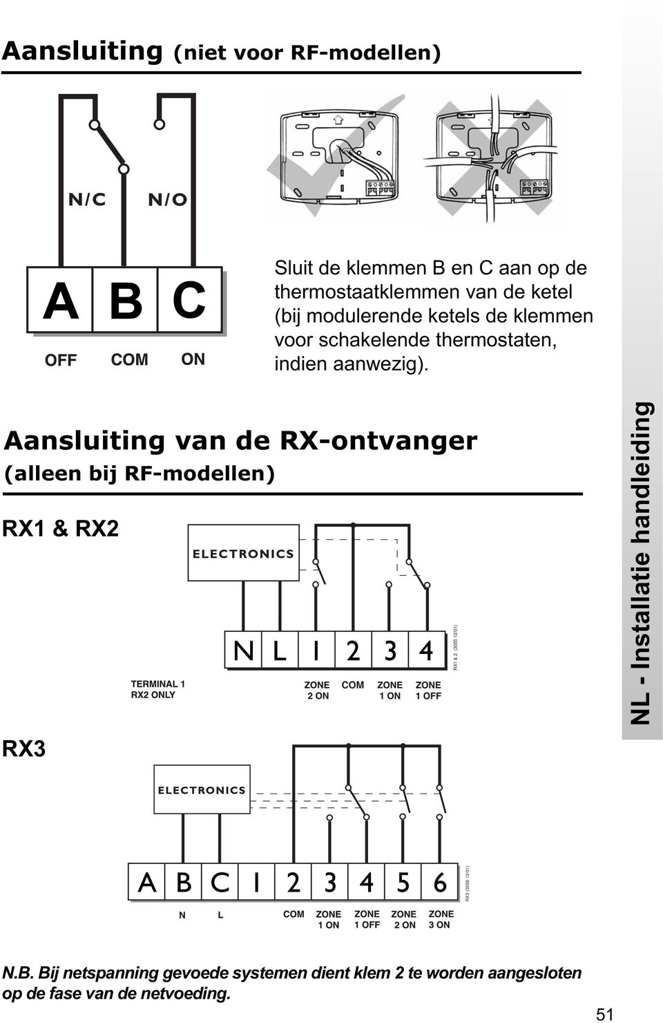 Aansluiting van de RX-ontvanger (alleen bij RF-modellen) RX1 & RX2 RX3 COM RX1 & 2 (3055 12/01) RX3 (3056