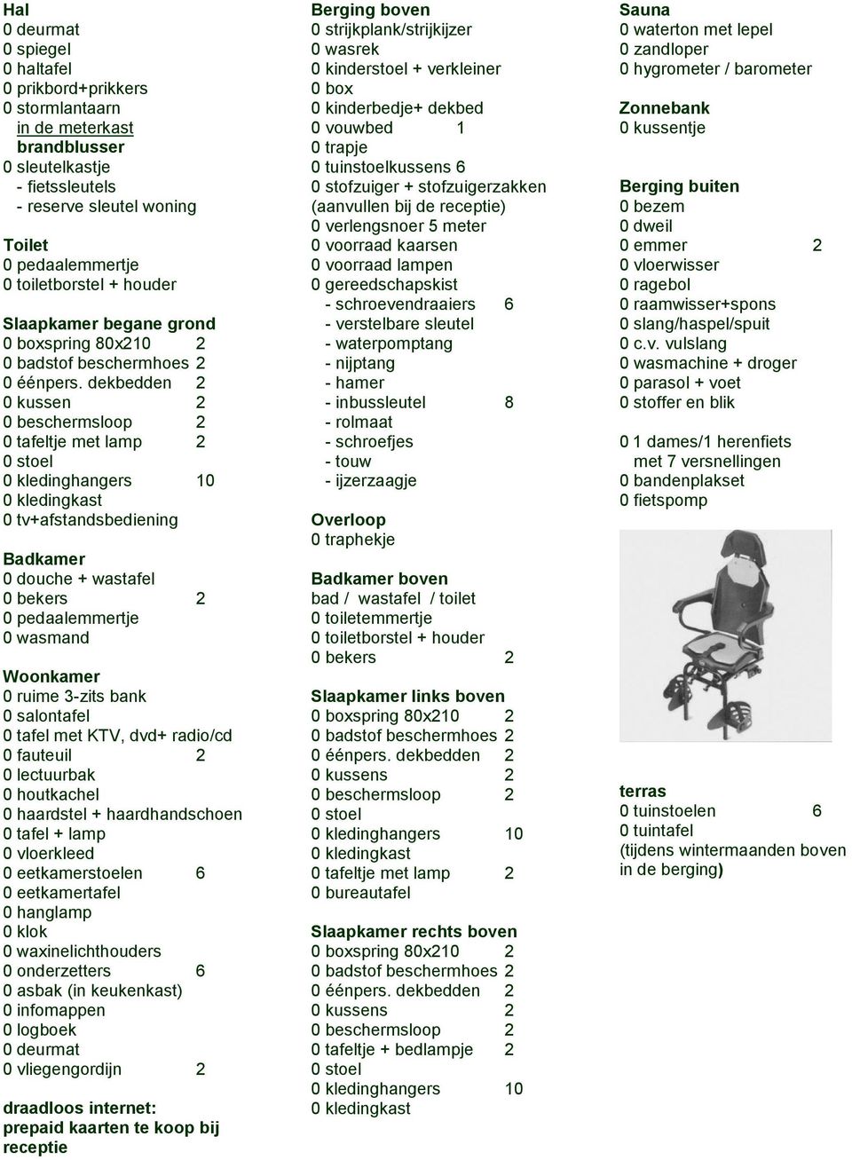 dekbedden 2 0 kussen 2 0 beschermsloop 2 0 tafeltje met lamp 2 0 stoel 0 kledinghangers 10 0 kledingkast 0 tv+afstandsbediening Badkamer 0 douche + wastafel 0 bekers 2 0 pedaalemmertje 0 wasmand