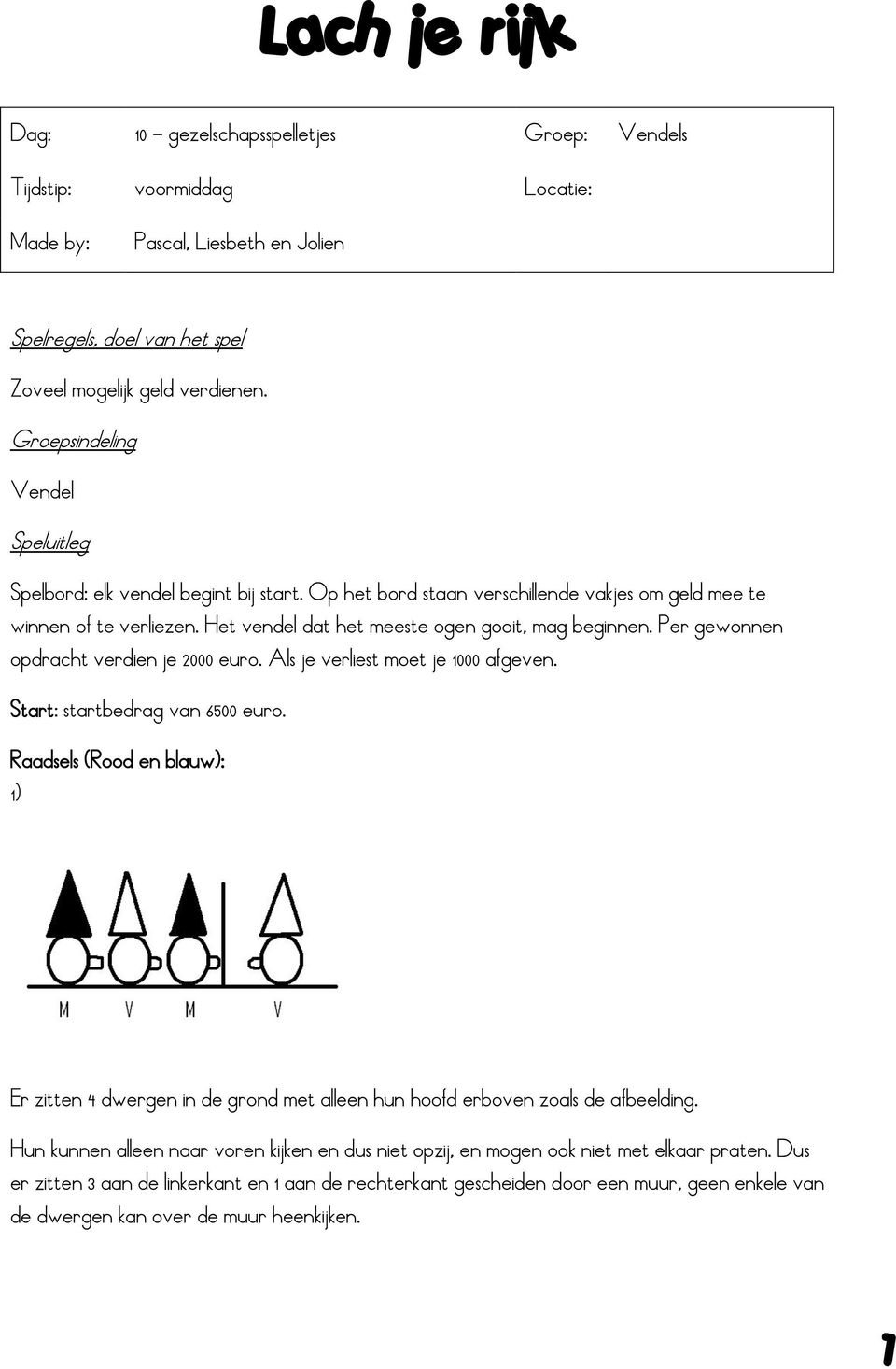 Het vendel dat het meeste ogen gooit, mag beginnen. Per gewonnen opdracht verdien je 2000 euro. Als je verliest moet je 1000 afgeven. Start: startbedrag van 6500 euro.