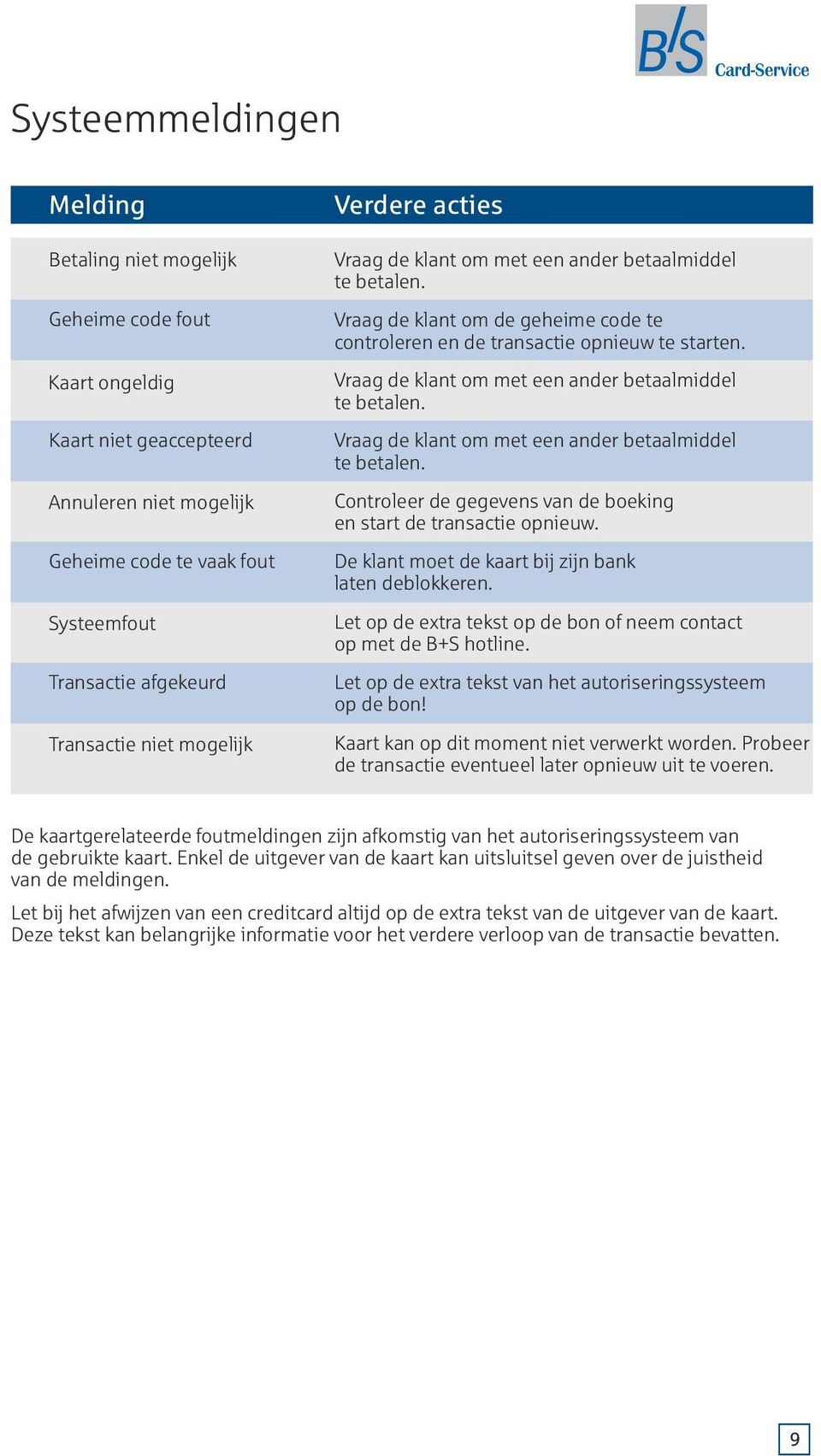 Vraag de klant om met een ander betaalmiddel te betalen. Vraag de klant om met een ander betaalmiddel te betalen. Controleer de gegevens van de boeking en start de transactie opnieuw.