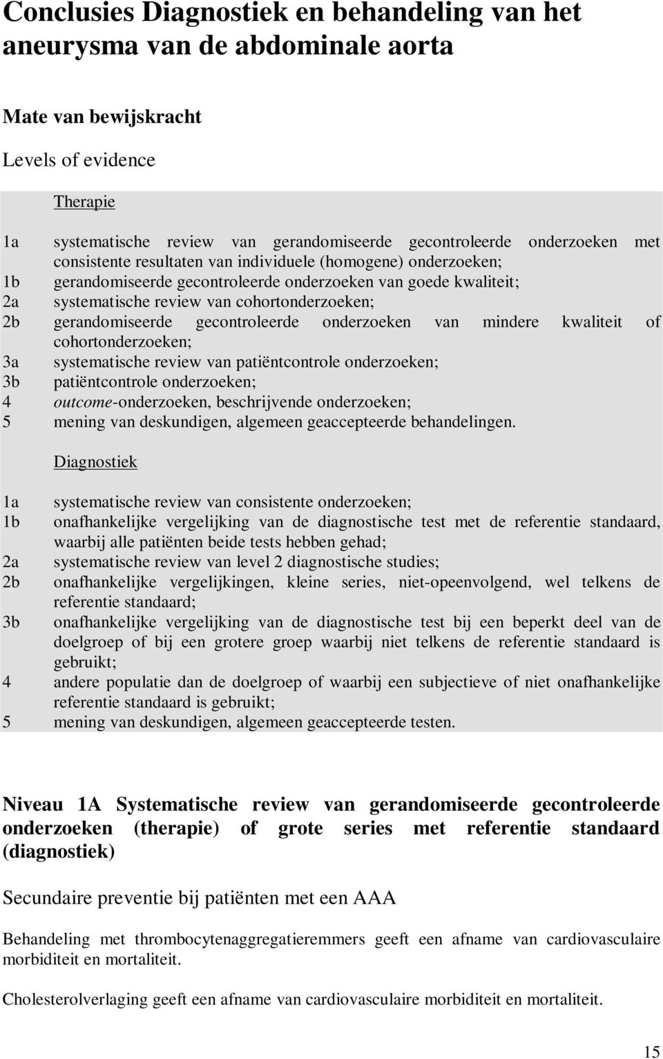 gerandomiseerde gecontroleerde onderzoeken van mindere kwaliteit of cohortonderzoeken; 3a systematische review van patiëntcontrole onderzoeken; 3b patiëntcontrole onderzoeken; 4 outcome-onderzoeken,