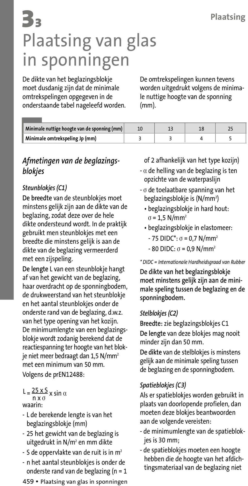 Minimale nuttige hoogte van de sponning (mm) 10 13 18 25 Minimale omtrekspeling Jp (mm) 3 3 4 5 Afmetingen van de beglazingsblokjes Steunblokjes (C1) De breedte van de steunblokjes moet minstens