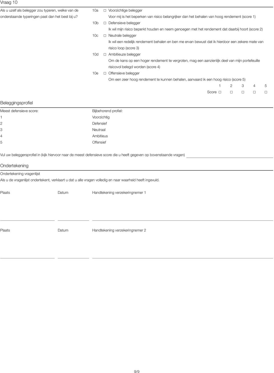 hoort (score 2) 10c Neutrale belegger Ik wil een redelijk rendement behalen en ben me ervan bewust dat ik hierdoor een zekere mate van risico loop (score 3) 10d Ambitieuze belegger Om de kans op een