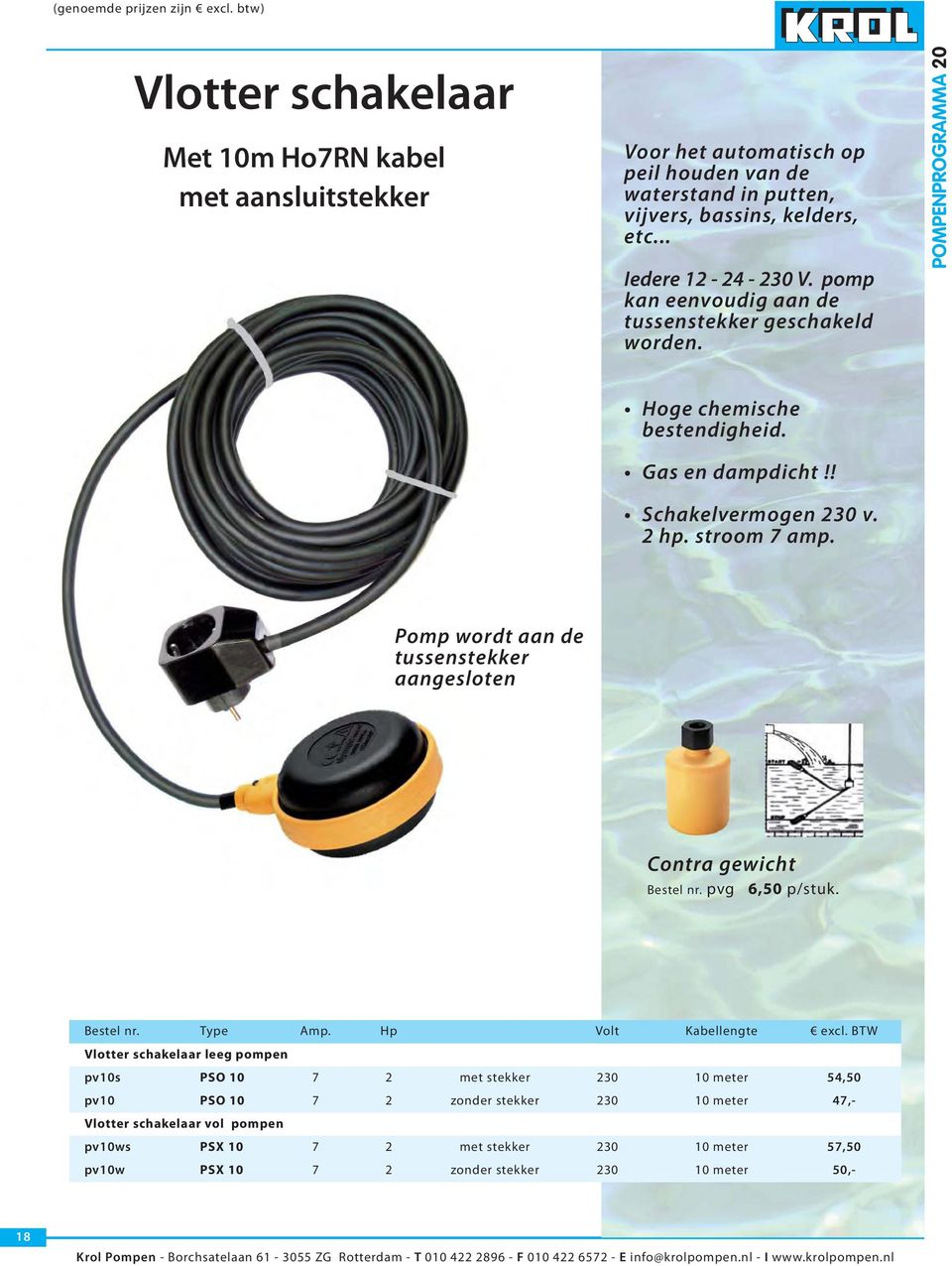 Pomp wordt aan de tussenstekker aangesloten Contra gewicht Bestel nr. pvg 6,50 p/stuk. Bestel nr. Type Amp. Hp Volt Kabellengte excl.